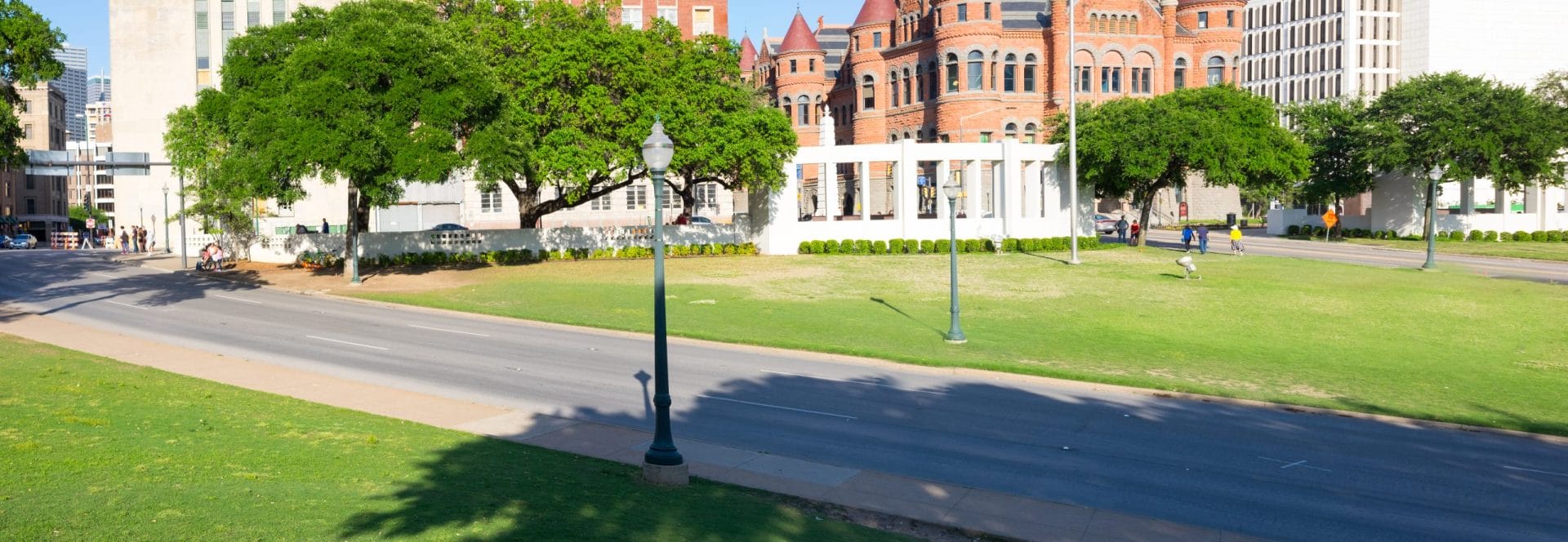 Dealey Plaza panorama view of road where JFK motorcade was shot, elm street