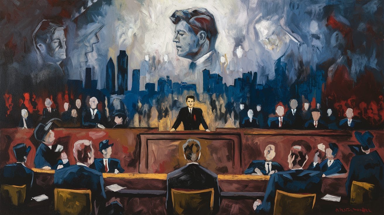 A stylized painting depicts a man at a podium addressing a group of people, with larger images of his face and a cityscape in the background.