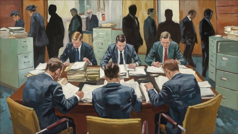 A group of men in suits sit at a table reviewing documents while other people stand in the background. Office environment with filing cabinets and paperwork.