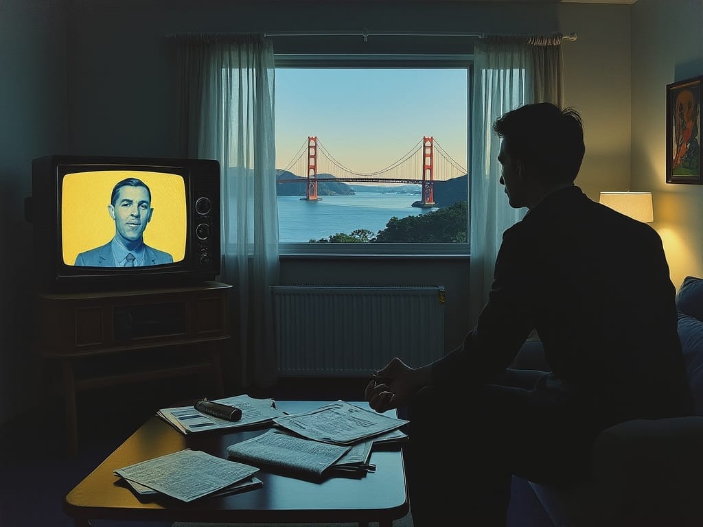 A person watches TV in a dimly lit room with a view of the Golden Gate Bridge through the window.