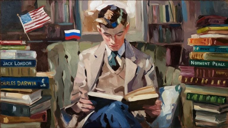 A young person in a suit sits reading a book, surrounded by stacks of books in a library. The American and Russian flags are displayed in the background.