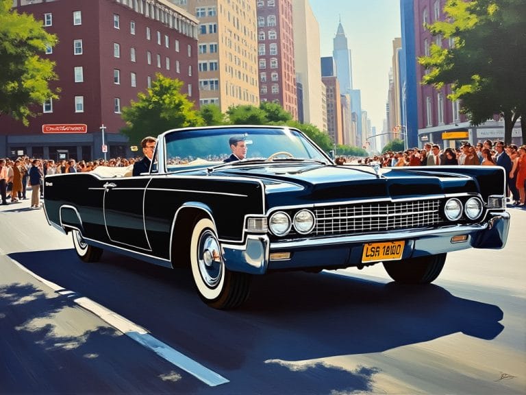 A classic black convertible car drives down a city street with a busy sidewalk and tall buildings in the background.