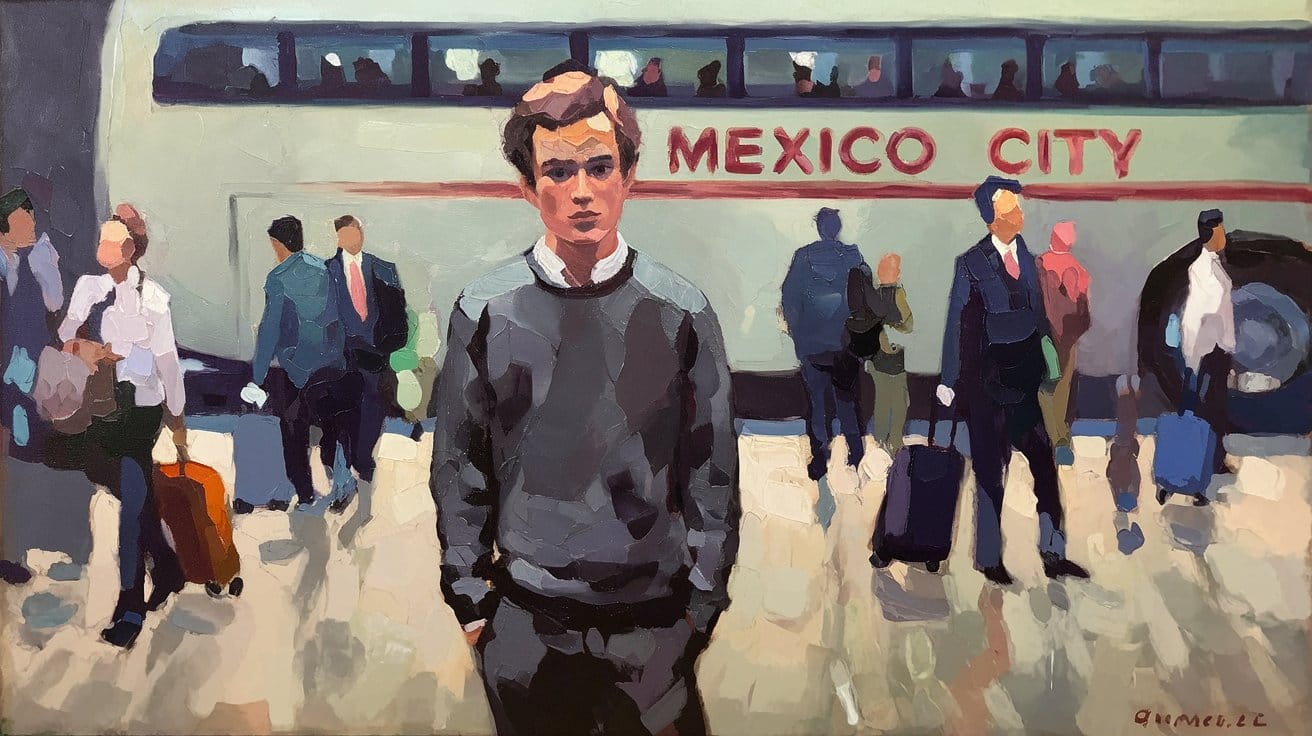 A young man stands in front of a bus labelled "Mexico City," surrounded by several people with luggage.