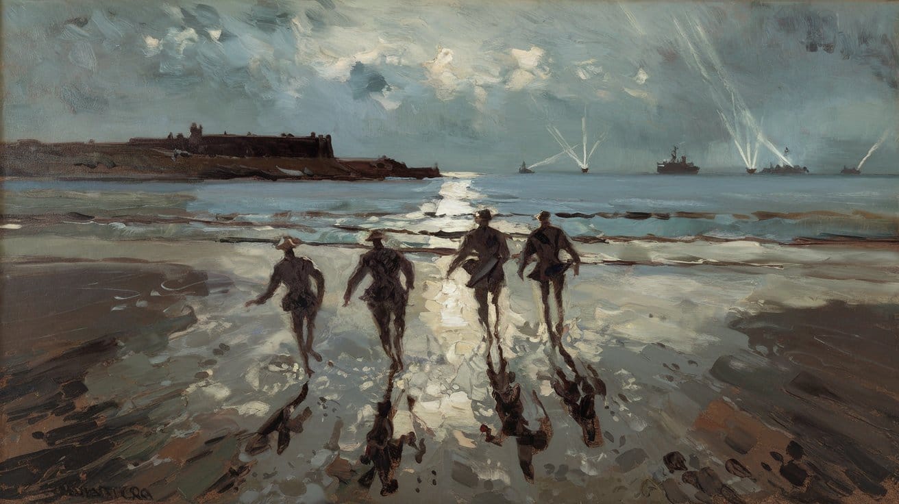 Four silhouetted figures walk towards the ocean under a moonlit sky, with distant ships illuminated by searchlights.