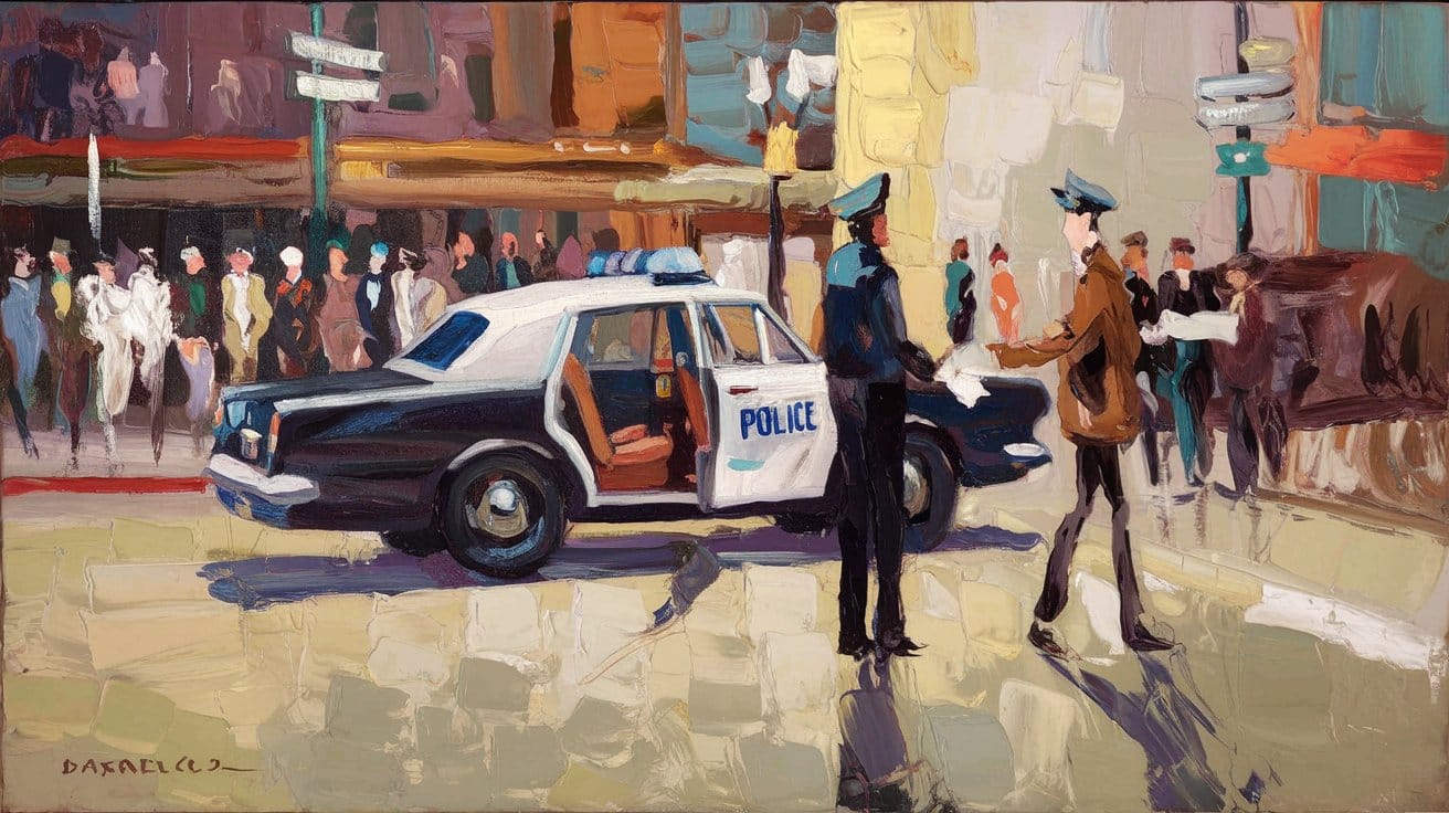 Painting of police officers and a police car on a street, surrounded by pedestrians and buildings.