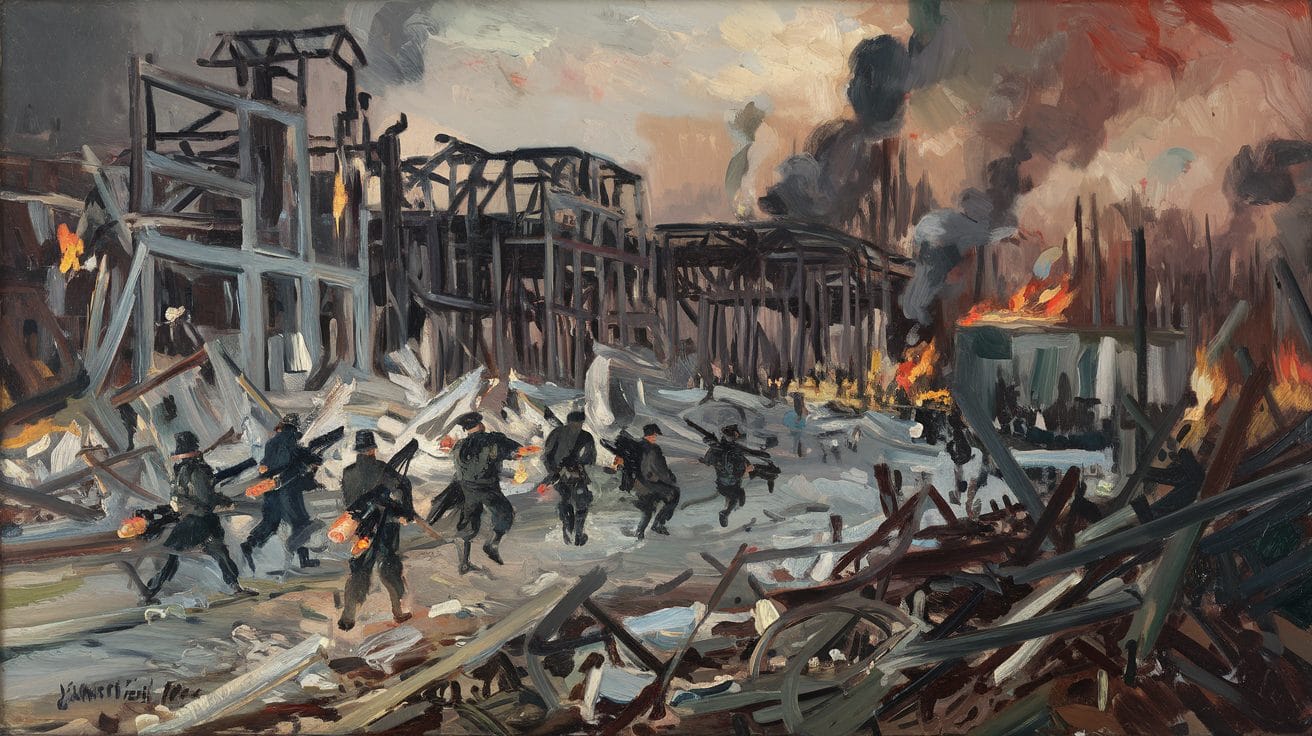 Painting depicting soldiers running through a devastated industrial area, with flames and smoke billowing from destroyed buildings and debris scattered around.