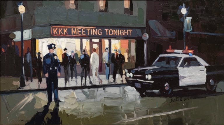 Painting of people outside a building with a "KKK Meeting Tonight" sign, police officers and a police car in the foreground.