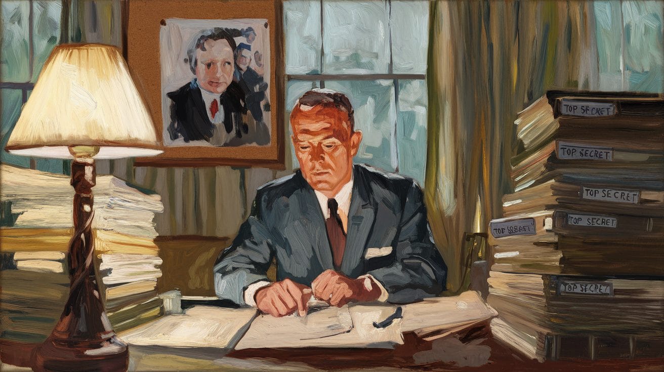 A man in a suit is seated at a cluttered desk, intently working on documents. The desk is lit by a lamp, and stacks of "Top Secret" files surround him. A portrait hangs on the wall behind.