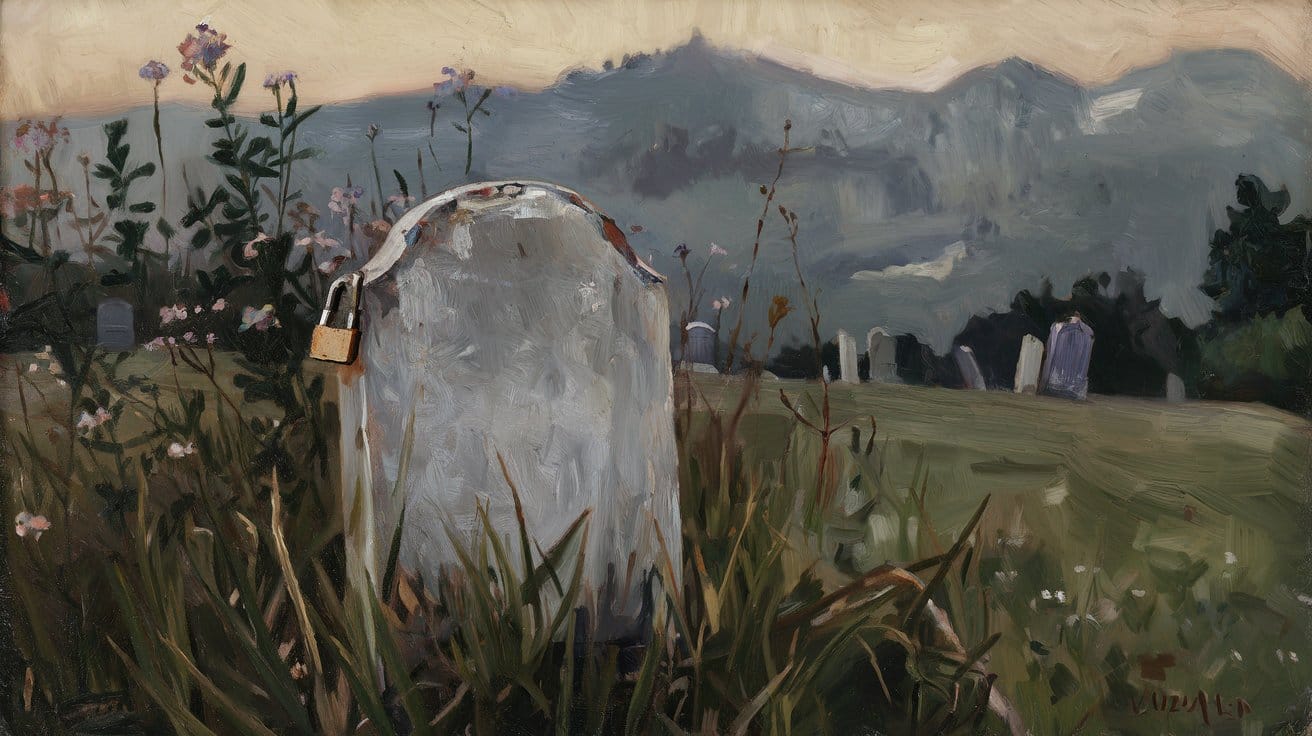 A weathered tombstone with a padlock sits among tall grass and wildflowers against a backdrop of distant mountains.