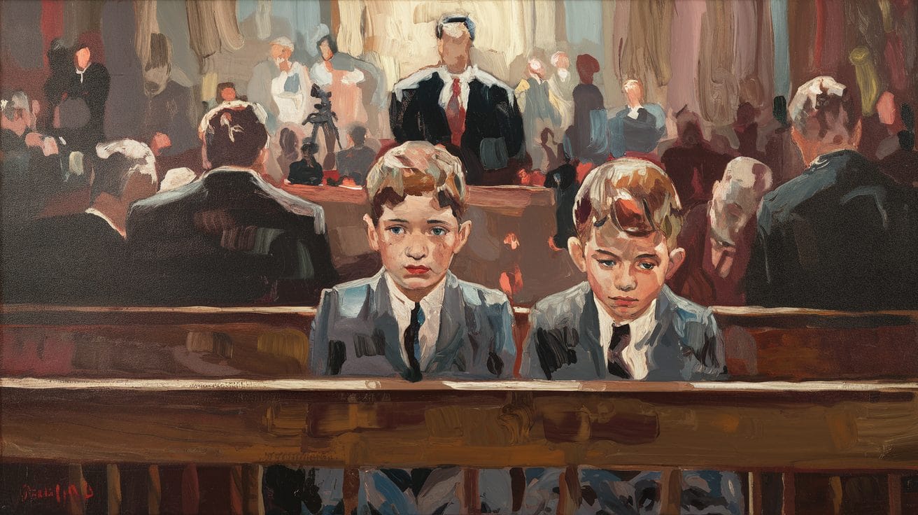 Painting depicts two young boys in court, sitting on a bench in the foreground. A judge, lawyers, and other figures are visible in the background. The setting appears tense and solemn.