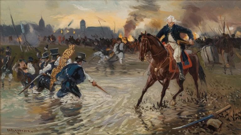 Painting depicting soldiers fighting in a battlefield with a man on horseback leading. Flames and smoke rise in the background as some soldiers wade through water.