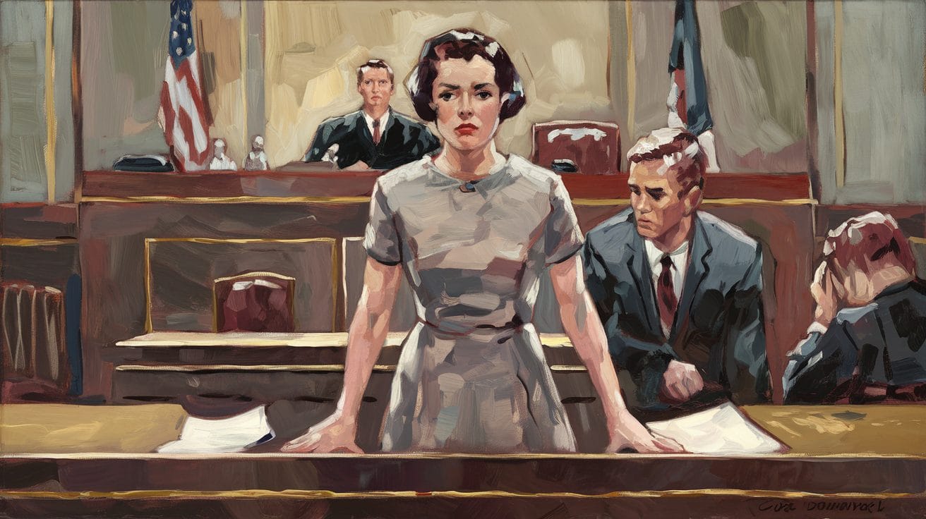 A woman stands in a courtroom, looking determined. A judge is seated in the background, and two men are seated nearby, one with his head in his hands. An American flag is visible.