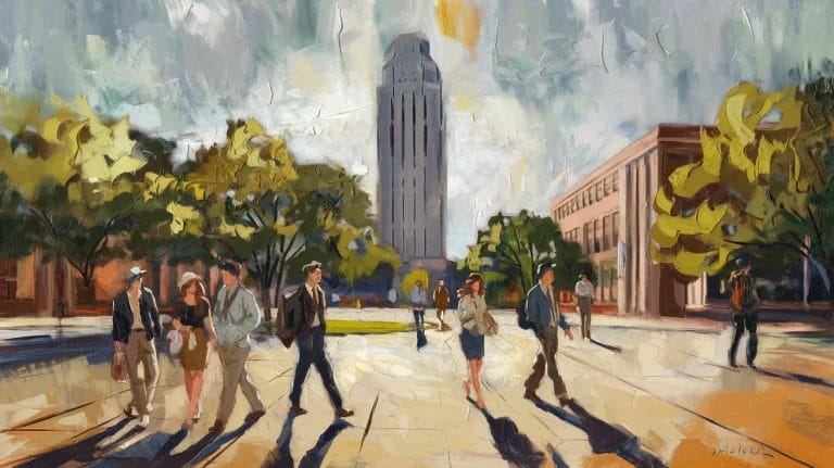 Painting of a university campus scene with students walking, trees, and a tall clock tower in the background under a partly cloudy sky.