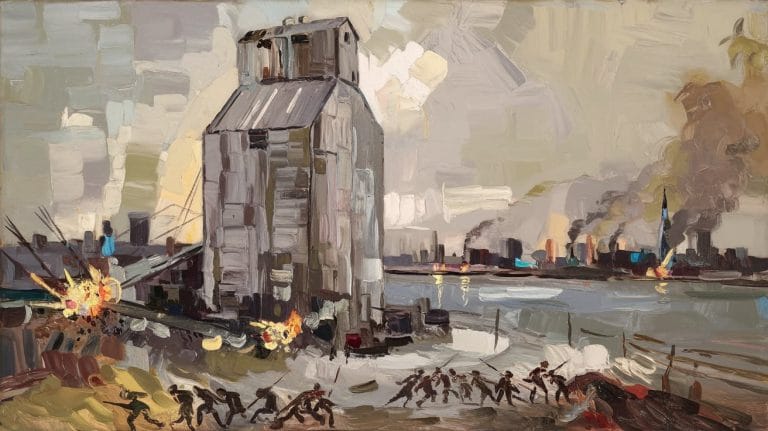 A painting depicting a wartime scene with soldiers advancing past a large, industrial building near a body of water. Explosions and smoke are visible in the background, suggesting ongoing conflict.