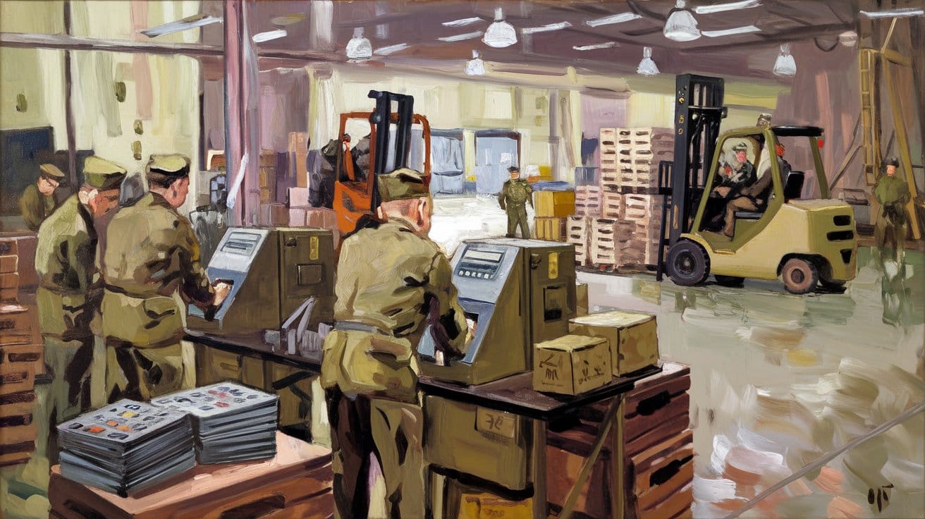 A group of people in uniforms work on machines, while forklifts move boxes in a large warehouse background.