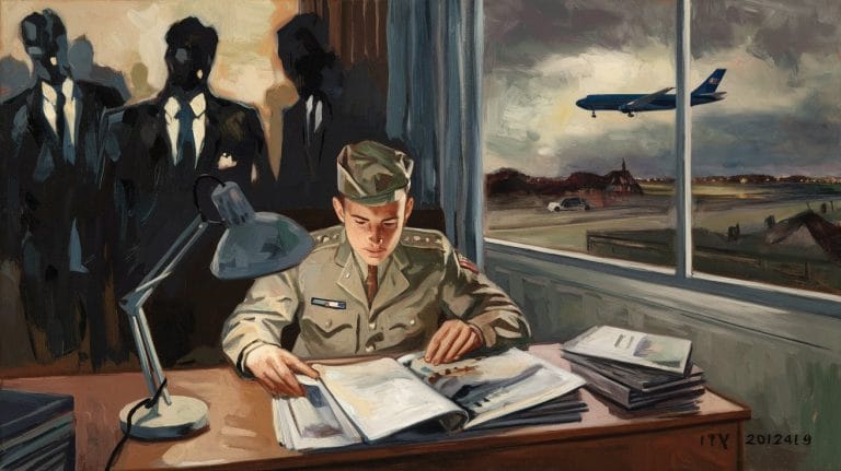 A uniformed person is reading a book under a desk lamp with three shadowy figures standing behind them. Outside the window, an airplane is taking off over a landscape with buildings and a parked car.