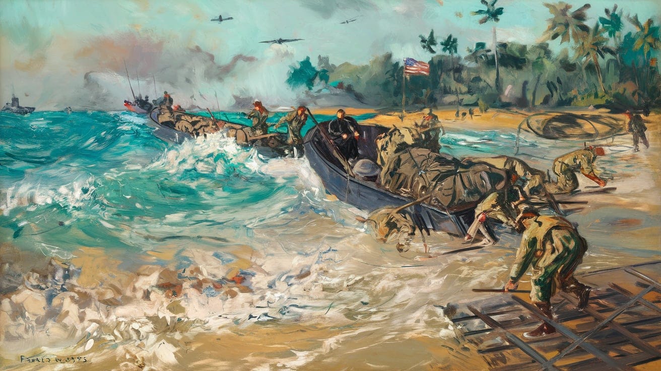 Painting of soldiers disembarking from landing crafts onto a beach, with waves crashing and an American flag visible in the background. Planes fly overhead, and palm trees line the shore.