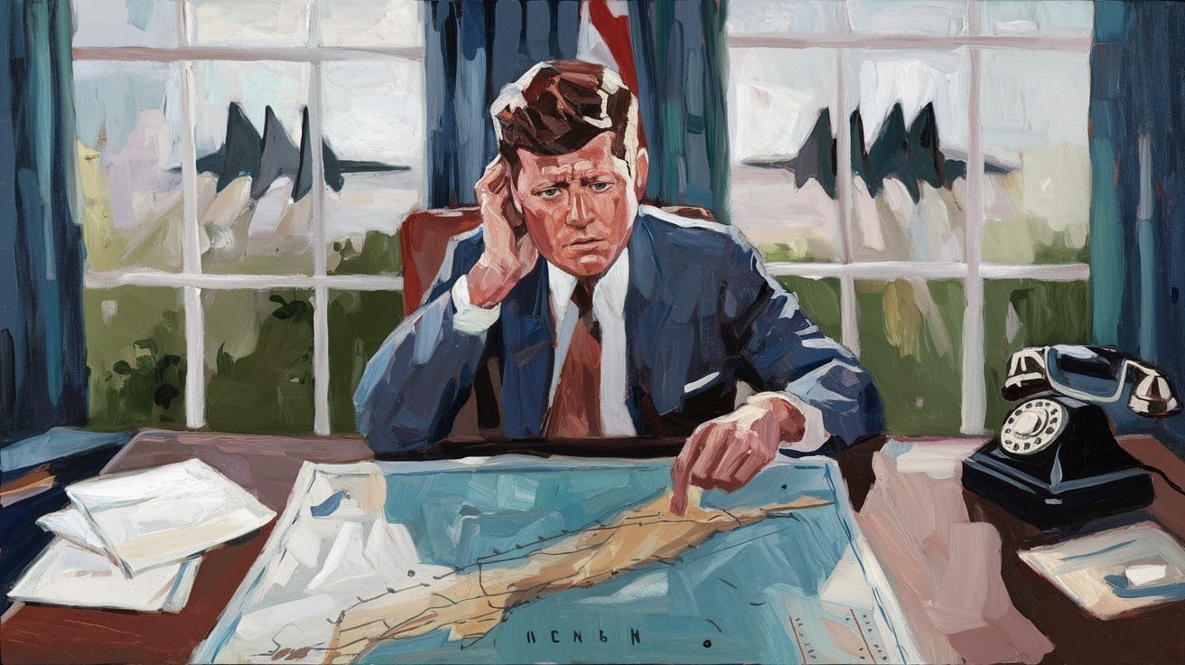 Painting of a man in a suit and tie sitting at a desk, looking intently at a map spread out before him. There’s a vintage telephone on the desk, and window panes in the background show a scenic view.