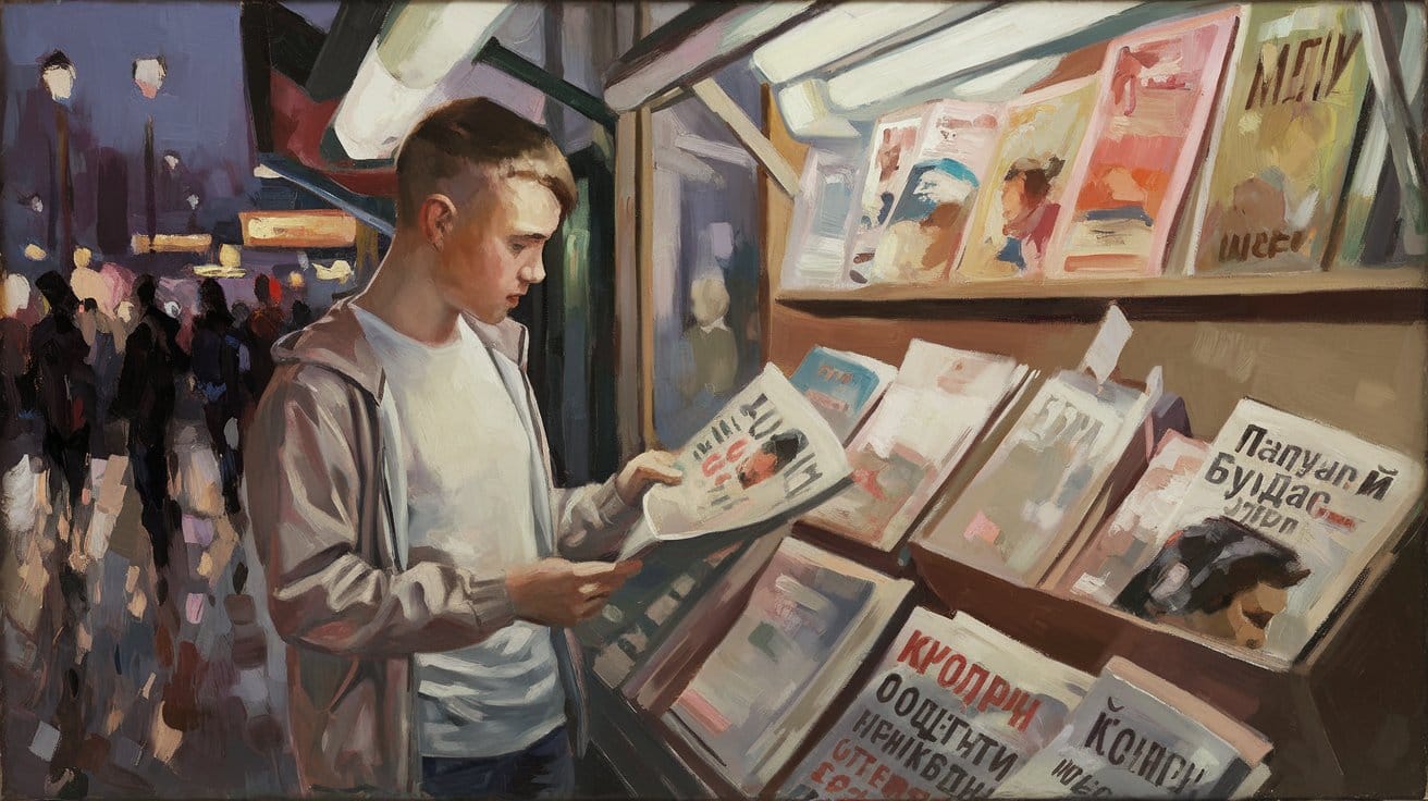 A person in a white jacket reads a magazine at a brightly lit outdoor newsstand at night.