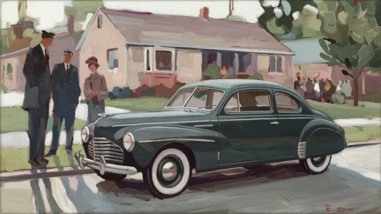 A retro-styled painting of a dark green vintage car parked on a residential street with three people standing nearby and a house visible in the background.