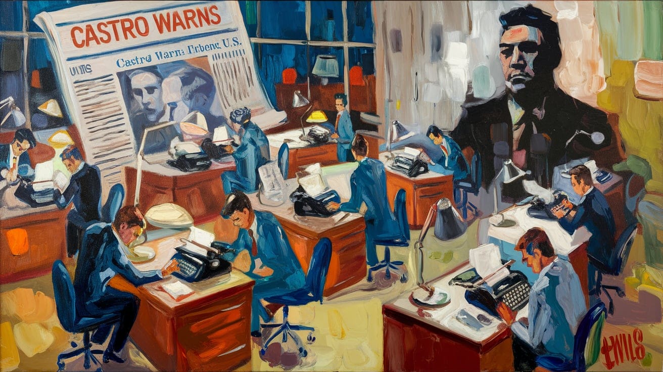 A vibrant painting depicting a newsroom with several journalists typing at desks and a large newspaper headline reading "CASTRO WARNS" in the background. A large portrait of a man's face is also visible.