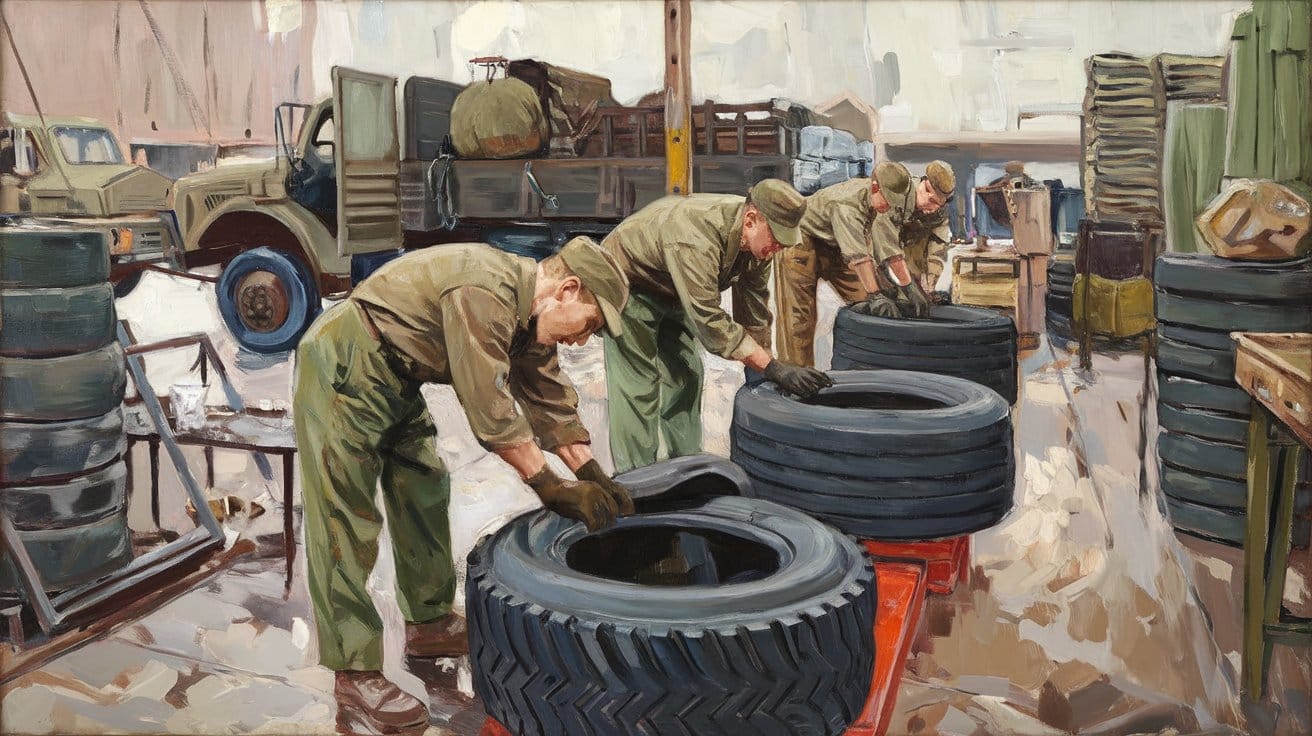 Four soldiers in uniform work on vehicle tires in an industrial garage with military trucks and equipment in the background.