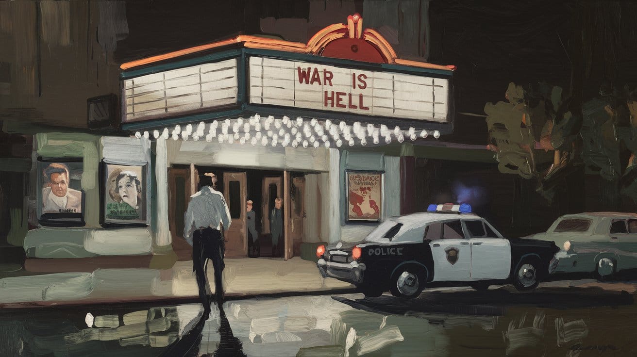 A police car parked outside a movie theater showing "War is Hell" on the marquee at night.