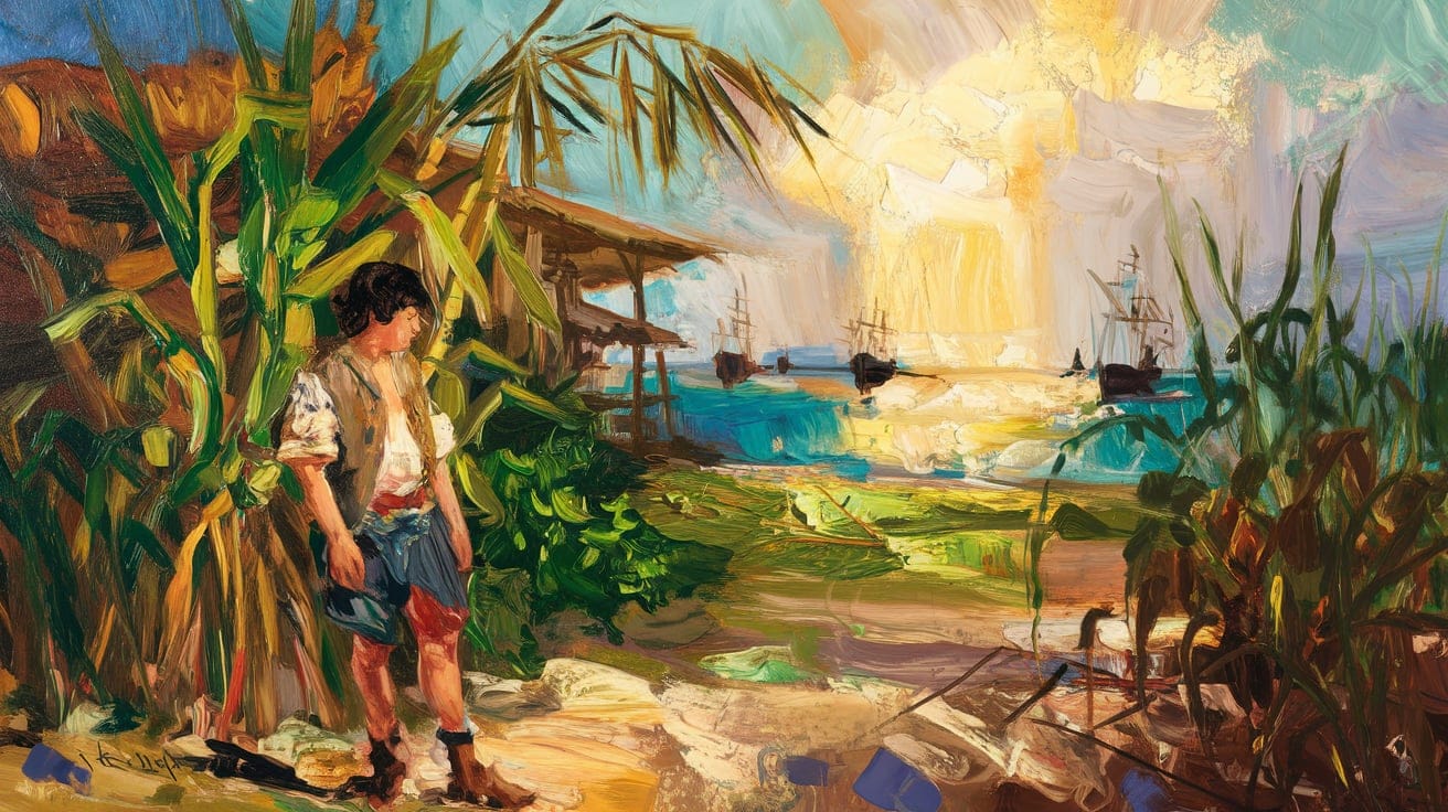 A young boy dressed in historical attire stands amidst lush vegetation, looking towards a vibrant seascape with ships sailing in the distance under a bright, colorful sky.