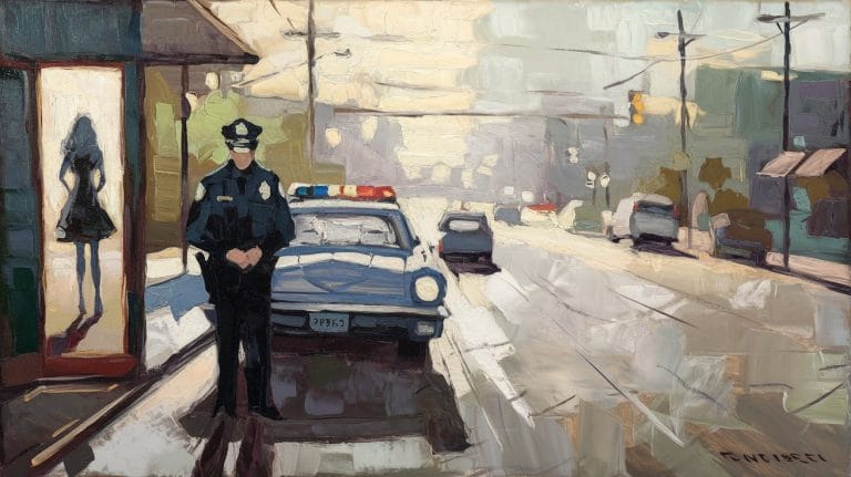 Impressionist painting of a police officer standing beside a patrol car on a city street with scattered cars and shops.