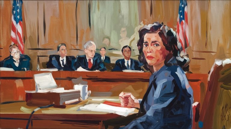 A painted courtroom scene depicting a woman in the foreground turning towards the viewer, with men sitting at a table in the background. American flags and a cluttered desk are visible.