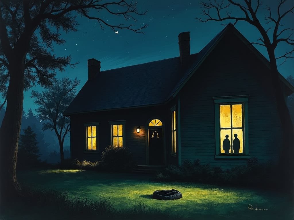 A dark house at night with glowing windows, silhouettes of people inside, and trees surrounding the yard.