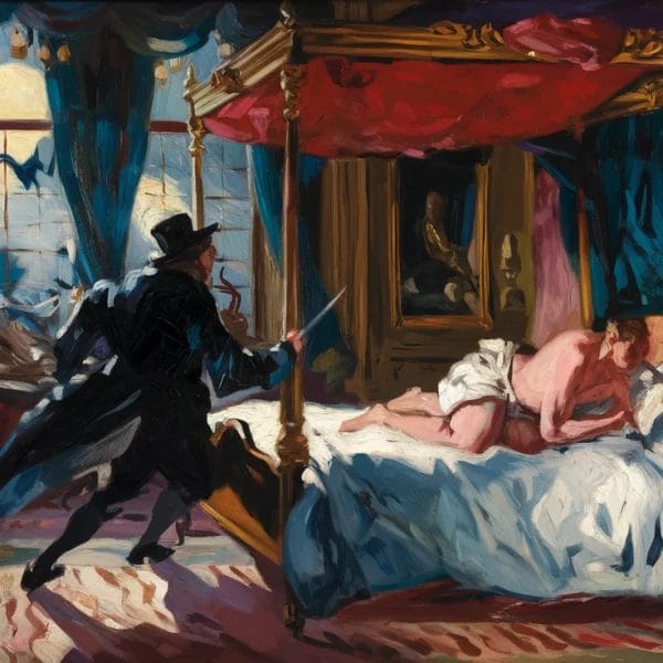 A man in a masked costume approaches another man reclining on a lavish bed in a richly decorated room.