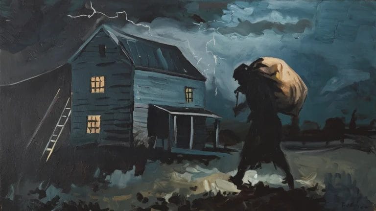 Silhouette of a person carrying a sack near a stormy house with lit windows and lightning in the sky.