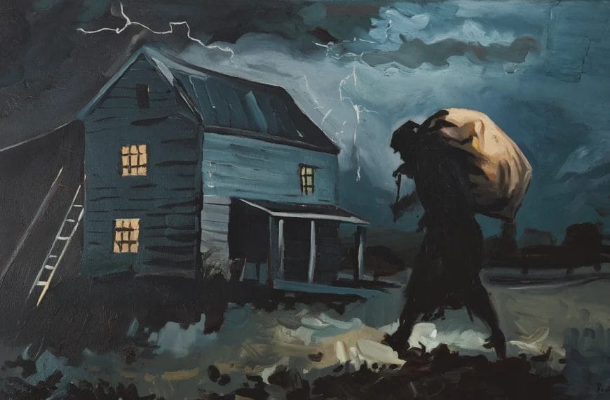 Silhouette of a person carrying a sack near a stormy house with lit windows and lightning in the sky.