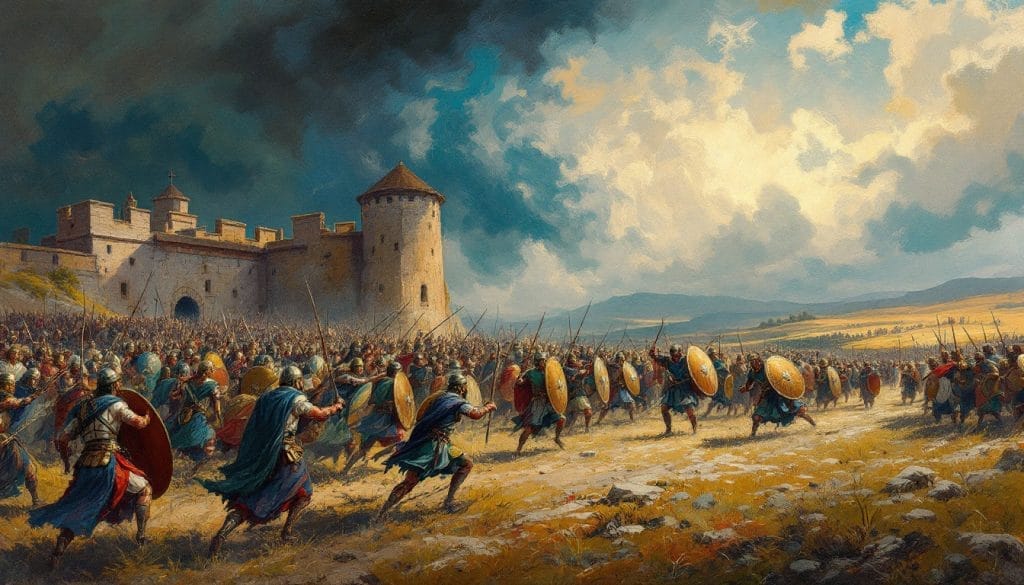 Medieval soldiers charge towards a castle under a cloudy sky, with shields raised and weapons drawn.