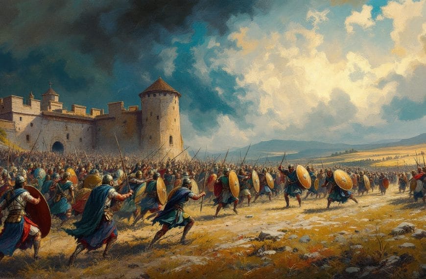 Medieval soldiers charge towards a castle under a cloudy sky, with shields raised and weapons drawn.