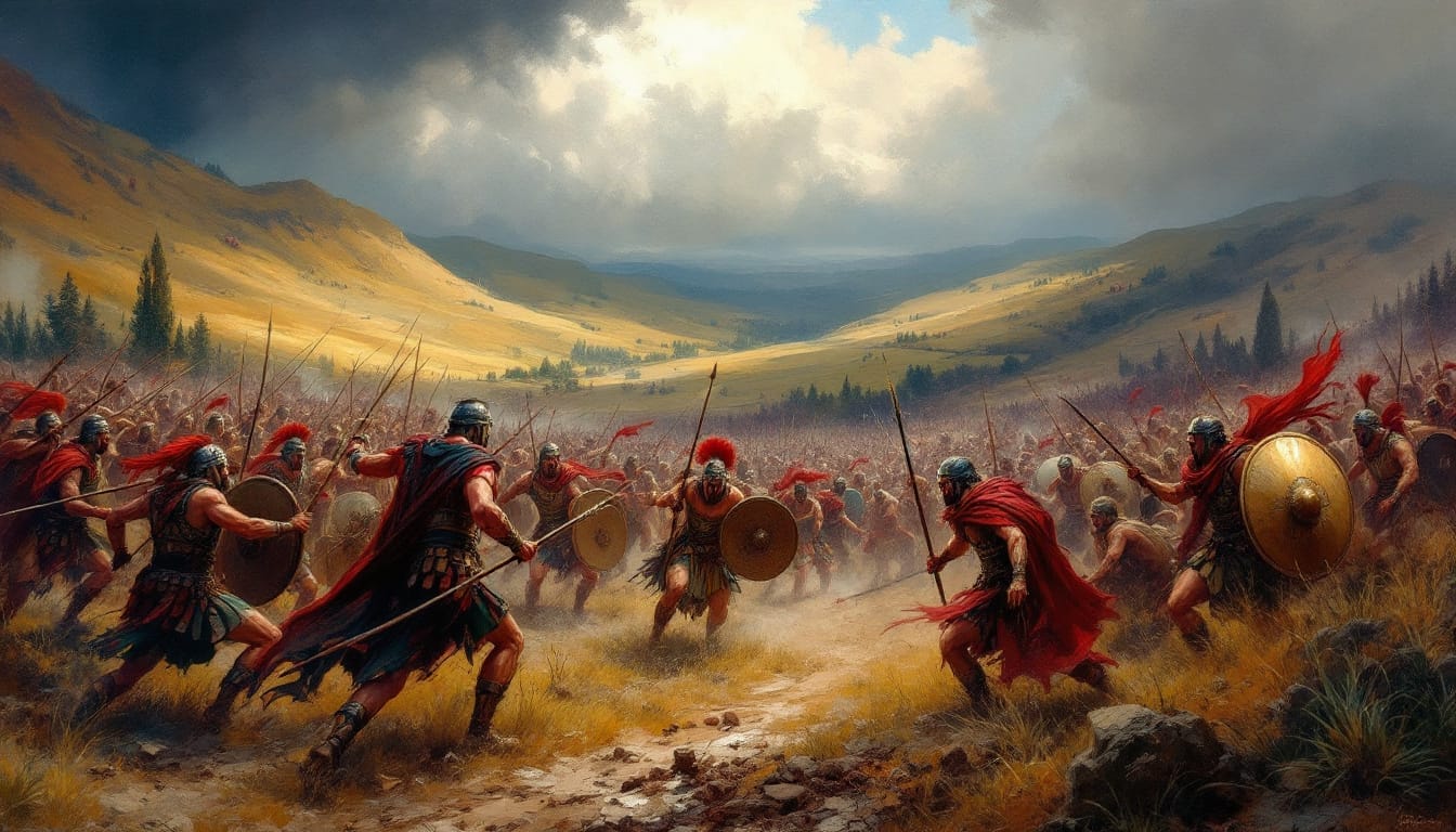 Ancient battle scene with soldiers in armor and red capes clashing in a mountainous landscape under a cloudy sky.