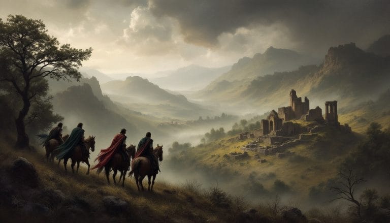 Four riders on horseback travel toward ancient ruins in a misty, mountainous landscape under a cloudy sky.