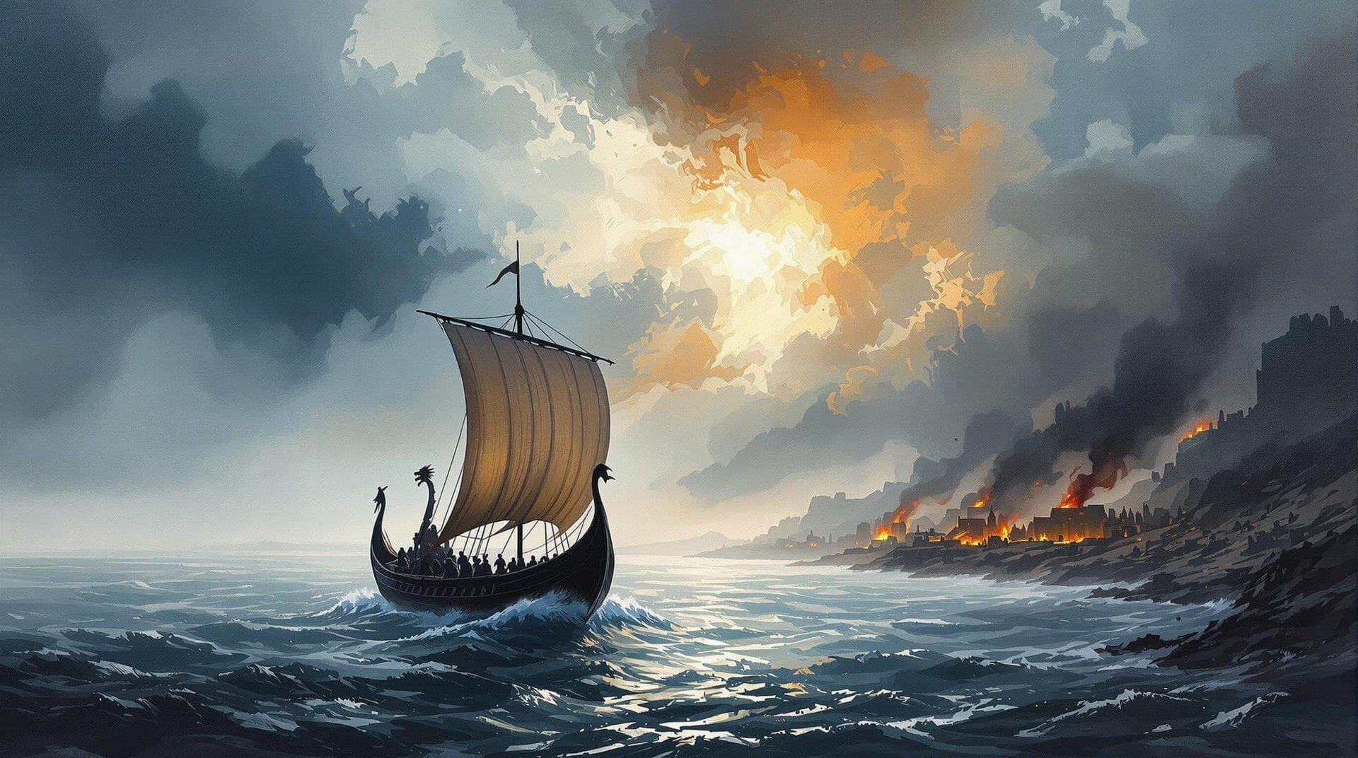 A Viking ship sails on turbulent waters towards a burning coastal city under a dramatic, cloud-filled sky.