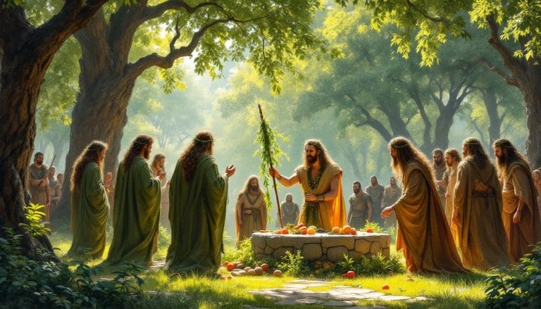 A group of people in robes gathered around a stone altar in a forest clearing, with sunlight filtering through trees.