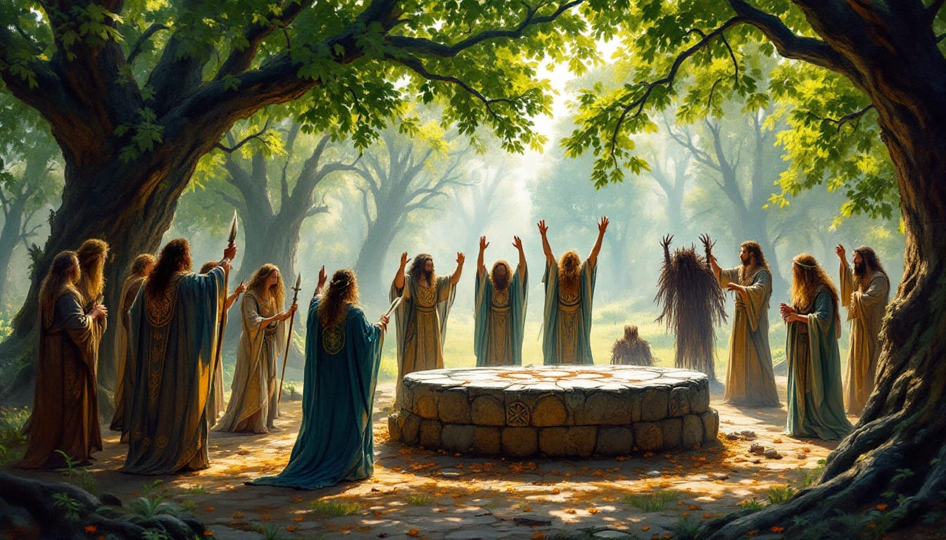 A group of druids in robes performing a ritual around a stone circle in a sunlit forest clearing.