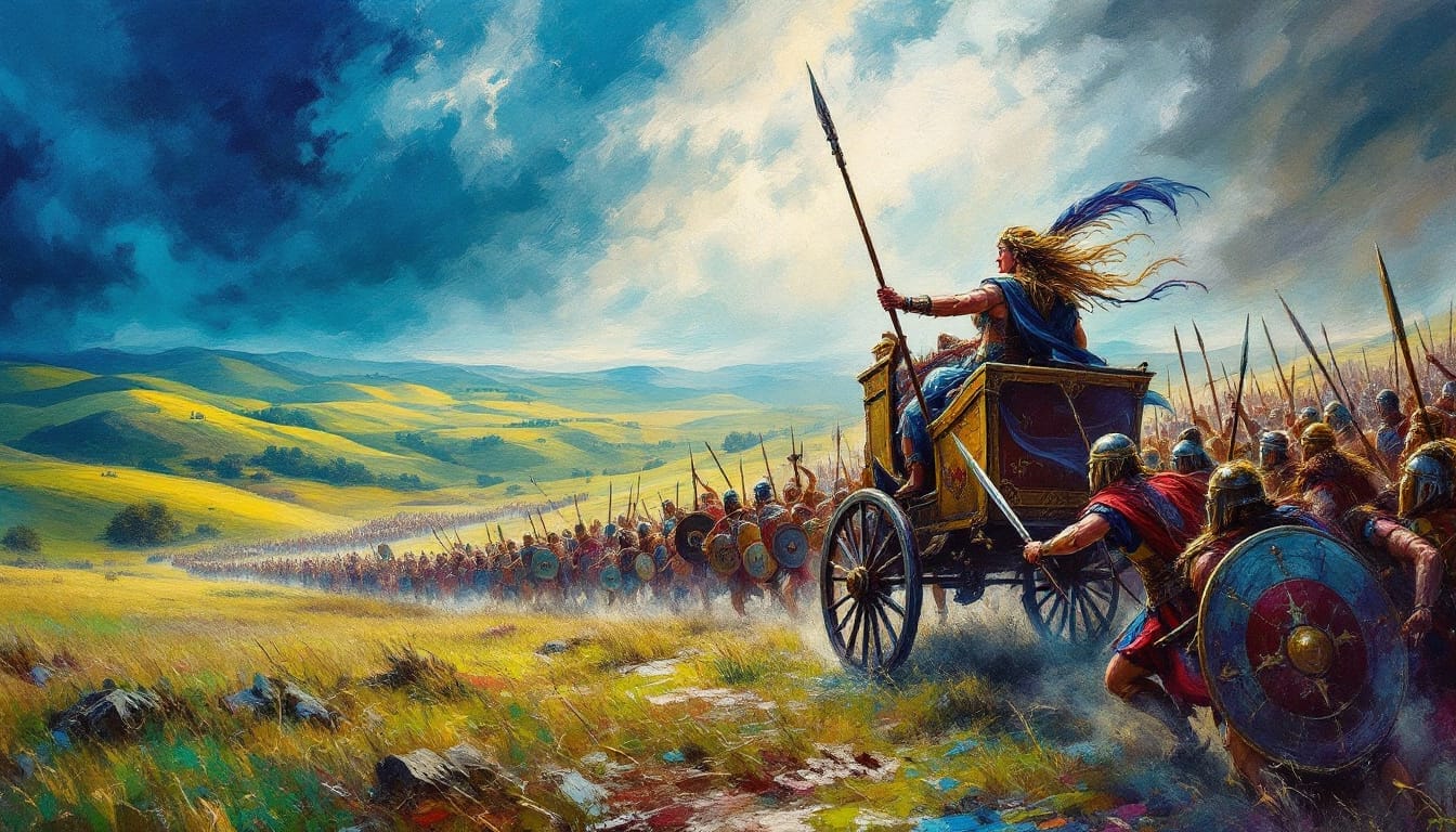 A warrior queen leads an army in chariots across a vibrant landscape under a stormy sky.