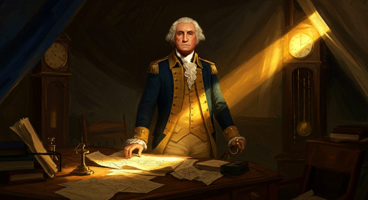 A historical figure in an 18th-century military uniform stands by a desk with maps and clocks in a dimly lit room.