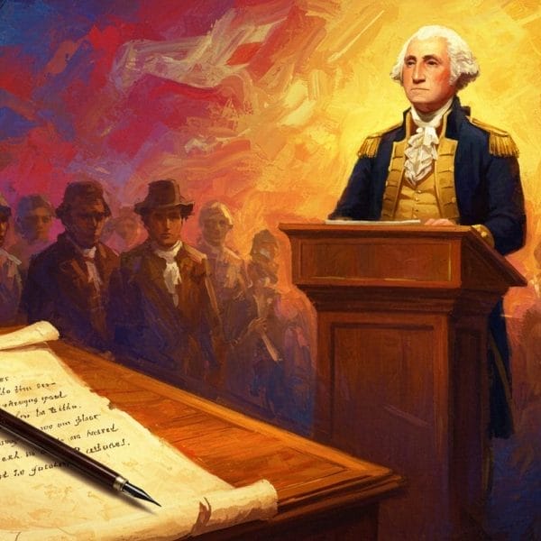 Historical figure at a podium, surrounded by people, with a scroll and quill in the foreground.