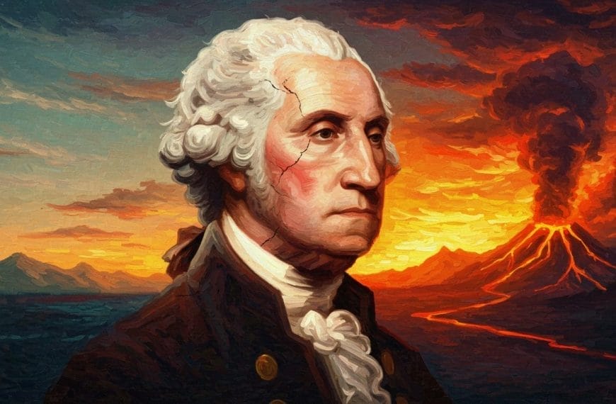 A historical figure with a cracked face stands before a volcanic eruption under a dramatic sky.