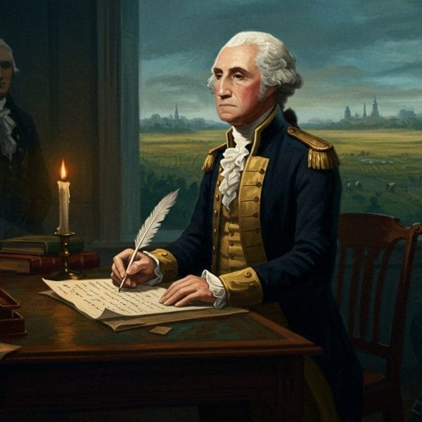 A historical figure in a military uniform writes with a quill at a candlelit desk, with onlookers in the background.