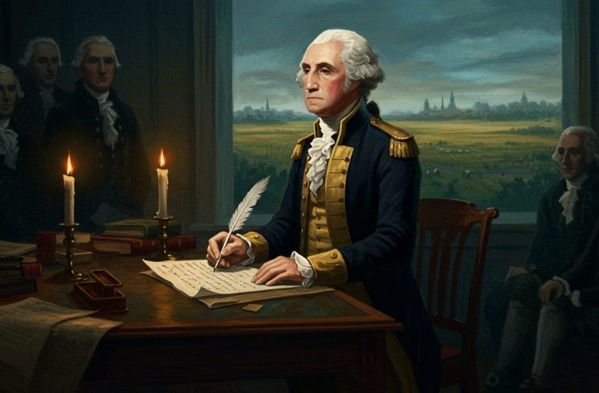 A historical figure in a military uniform writes with a quill at a candlelit desk, with onlookers in the background.