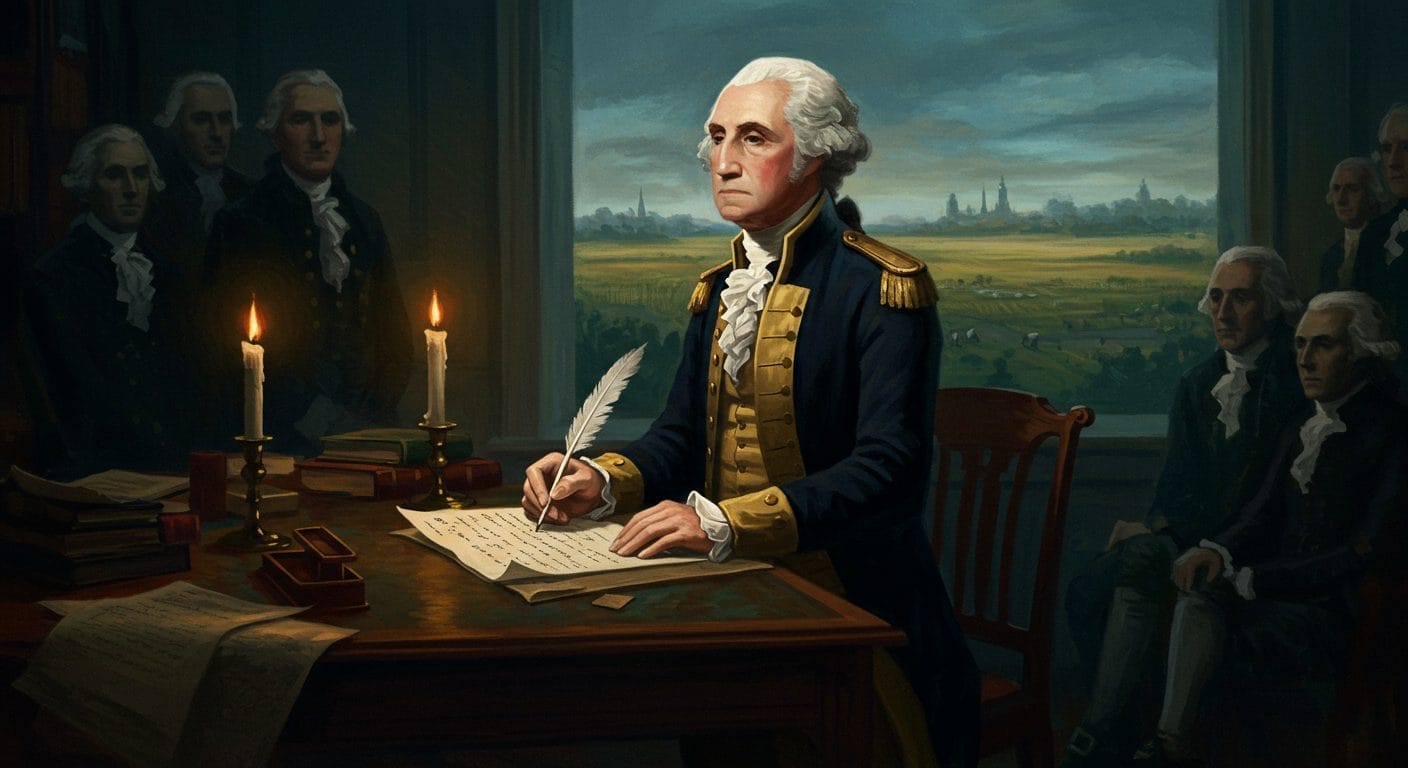 A historical figure in a military uniform writes with a quill at a candlelit desk, with onlookers in the background.